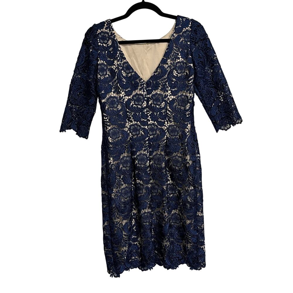 Eliza J Dress Royal Collection Sheath Navy Blue Lace 3/4 Sleeve V Back Size 6 - Picture 2 of 6